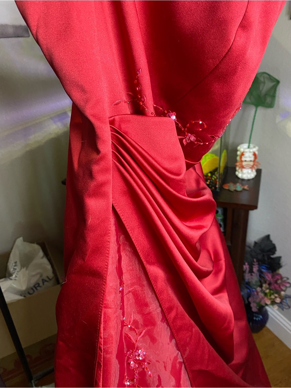 David's Bridal Strapless Satin Gown in Deep Red - Picture 5 of 11